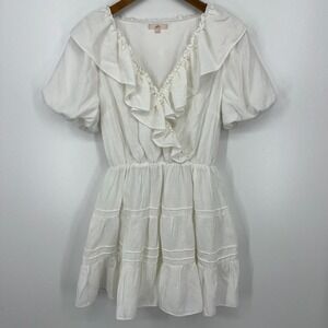Lovecolette Mini‎ Tiered Dress Women's S White Short Length Ruffle Puff Sleeve